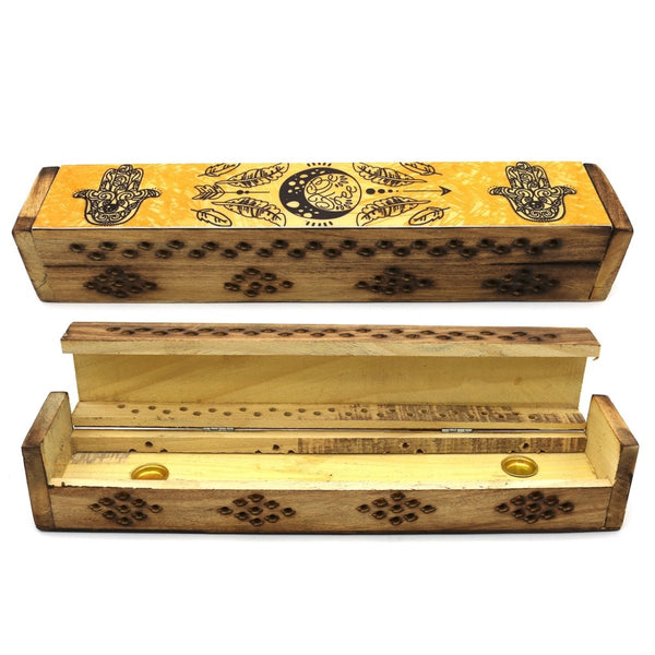 Yellow Hamsa Hand Wooden Coffin Box - East Meets West USA