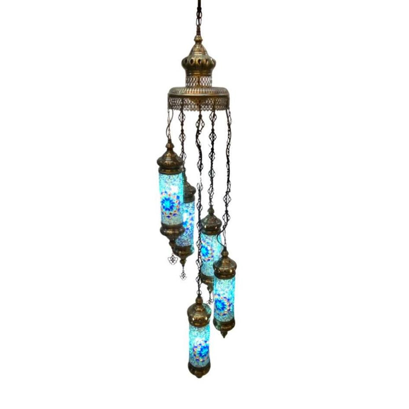 Blue & White 5 Tier Mosaic Chandelier Turkish Lamp