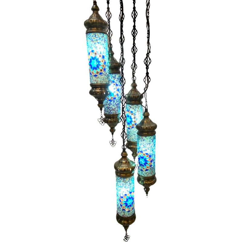 Blue & White 5 Tier Mosaic Chandelier Turkish Lamp