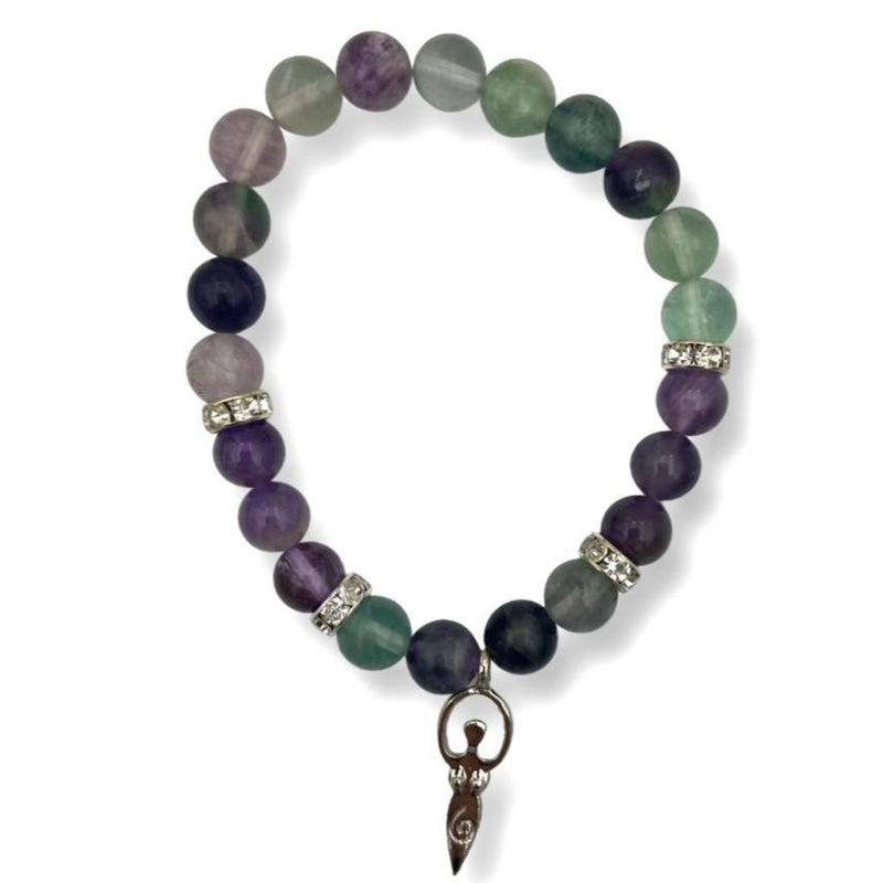 Amethyst & Rainbow Fluorite Bracelet w/ Spiral Goddess Charm