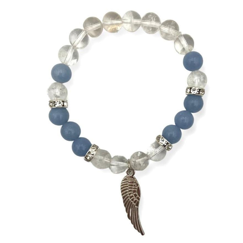 Angelite & Clear Quartz Bracelet w/ Angel Wing Charm