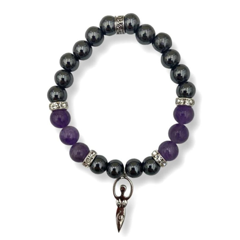 Hematite & Amethyst Bracelet w/ Spiral Goddess Charm