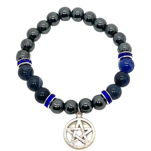 Hematite & Sodalite Bracelet w/ Pentacle Charm