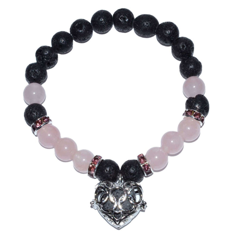 Rose Quartz & Lava Stone Bracelet w/ Heart Charm