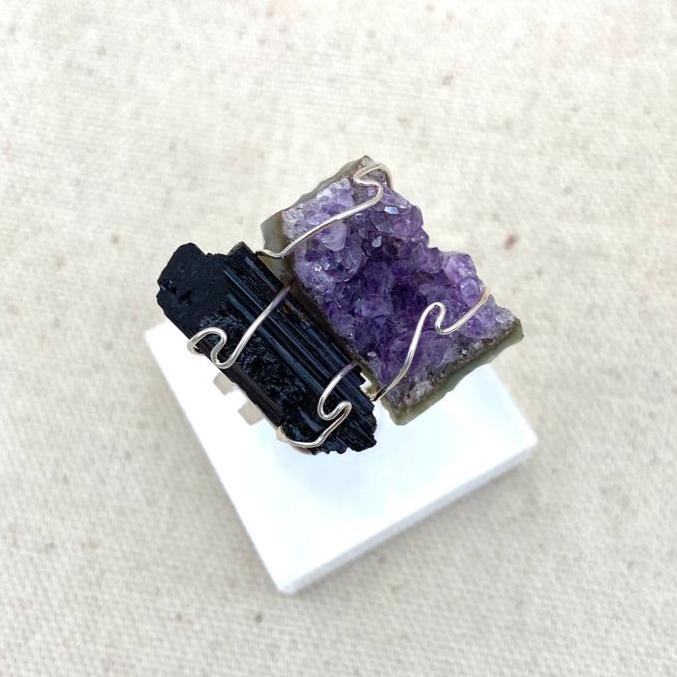 Amethyst & Tourmaline Cluster Ring