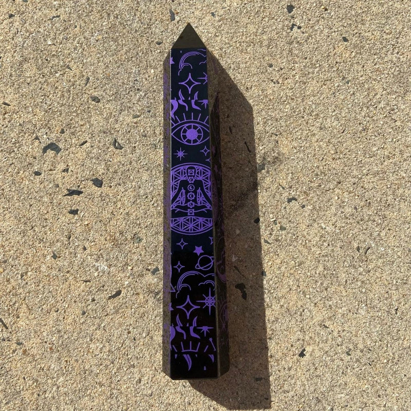 Engraved Black Obsidian Crystal Point - East Meets West USA