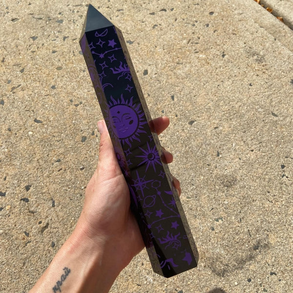 Engraved Black Obsidian Crystal Point - East Meets West USA