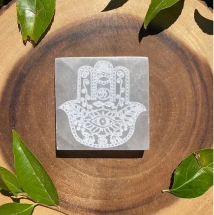 Laser Engraved Hamsa Selenite Charging Plate - East Meets West USA