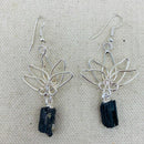Black Tourmaline Wire Wrapped Lotus Earrings 