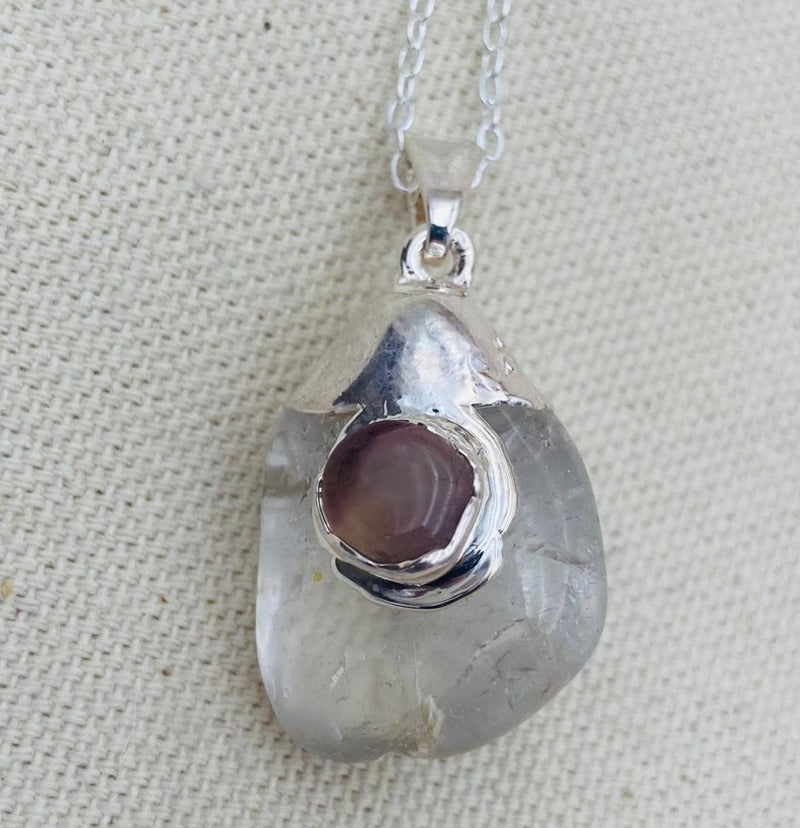 Natural Tumbled Crystal Necklace w/ Agate Inlay - East Meets West USA