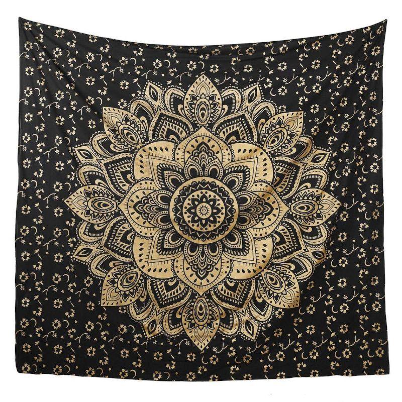 54" x 86" Lotus Gold/Black Print Tapestry - East Meets West USA