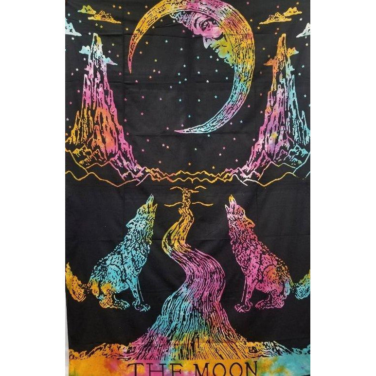 86"x54"Tie Dye Wolf Howling at Moon Tapestry - East Meets West USA