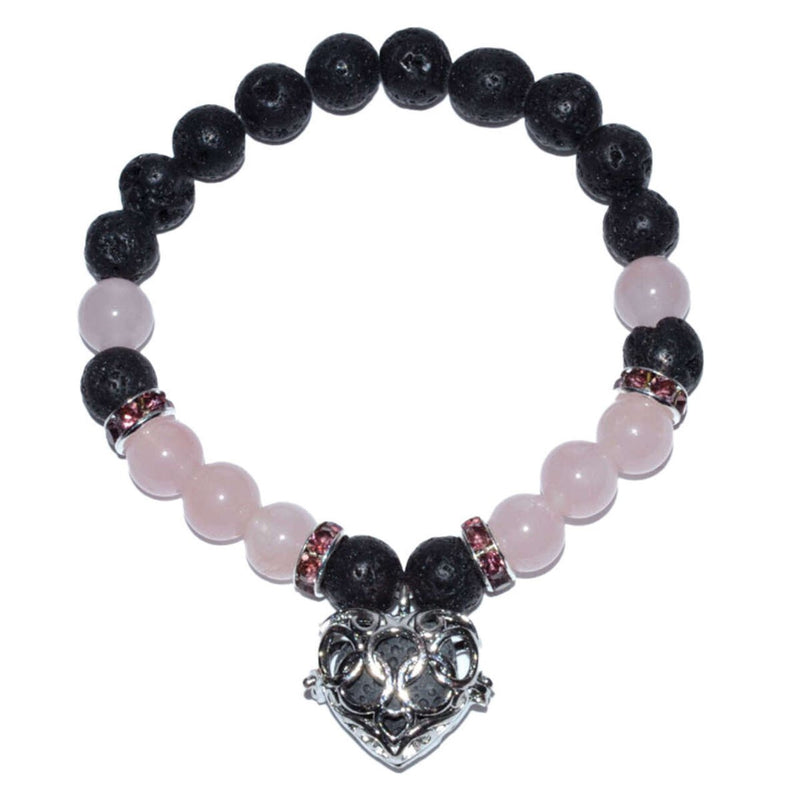 8MM Rose Quartz & Lava Stone Bracelet w/ Heart Charm - East Meets West USA