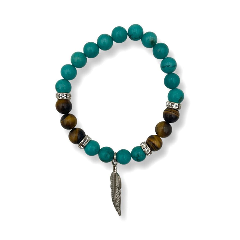 8MM Turquoise & Tigers Eye Bracelet w/ Feather Charm - East Meets West USA
