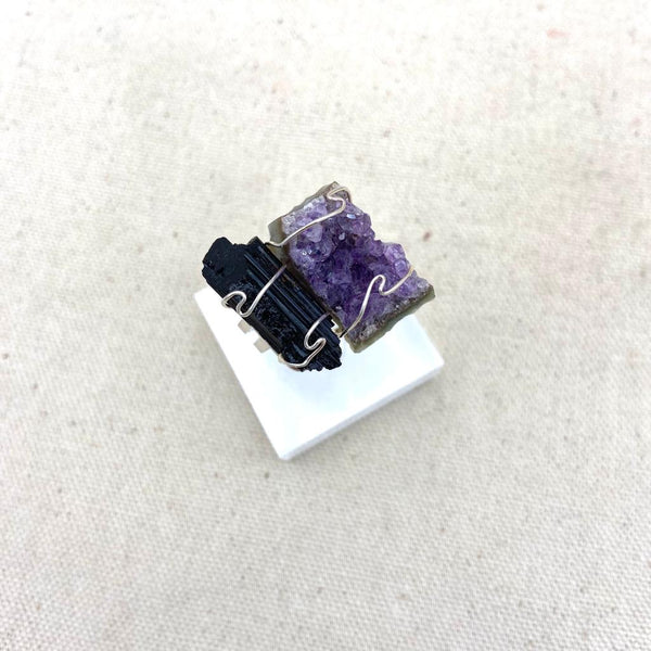 Amethyst & Tourmaline Cluster Ring - East Meets West USA
