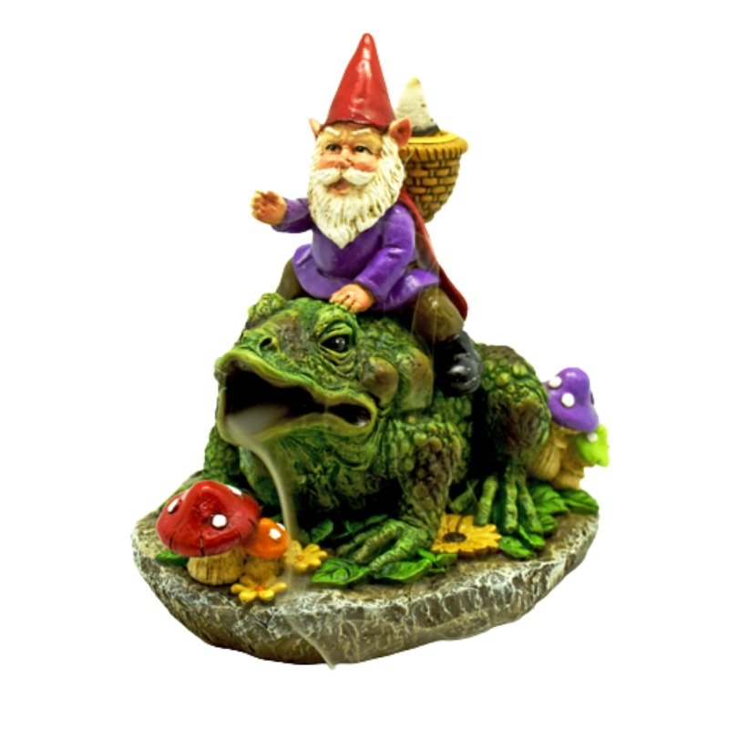 Gnome Riding Frog Back Flow incense Burner - East Meets West USA