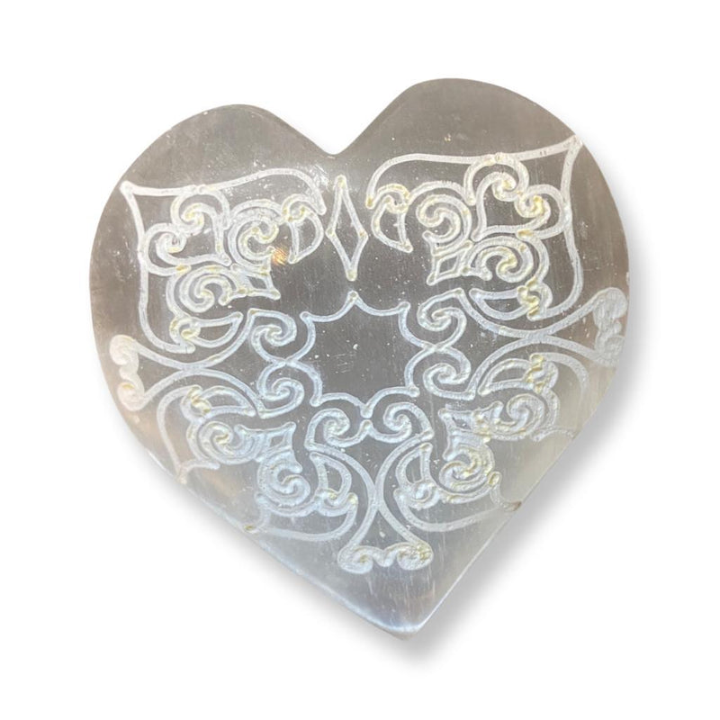 Laser Engraved Selenite Heart - East Meets West USA