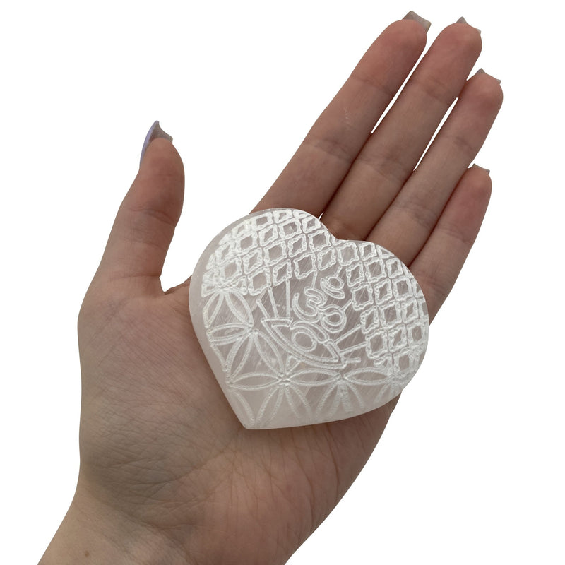 Laser Engraved Selenite Heart - East Meets West USA