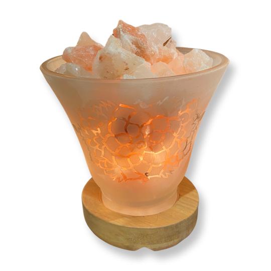 Lotus Frosted Glass Lamp w/ Himalayan Salt Chunks - East Meets West USA