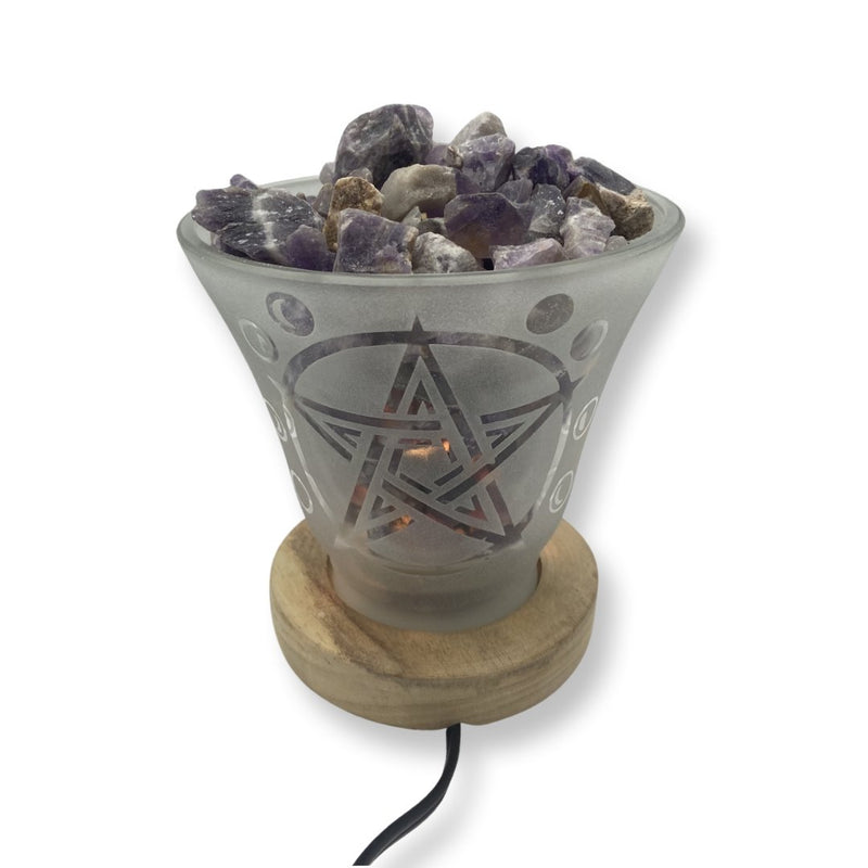 Pentacle Moon Frosted Glass Lamp w/ Amethyst Chunks - East Meets West USA