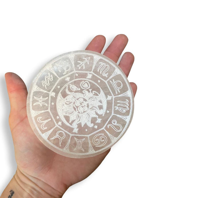 Round Zodiac Selenite Charging Plate - East Meets West USA