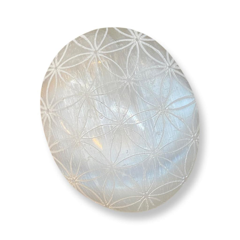Selenite Flower of Life Palm Stone - East Meets West USA