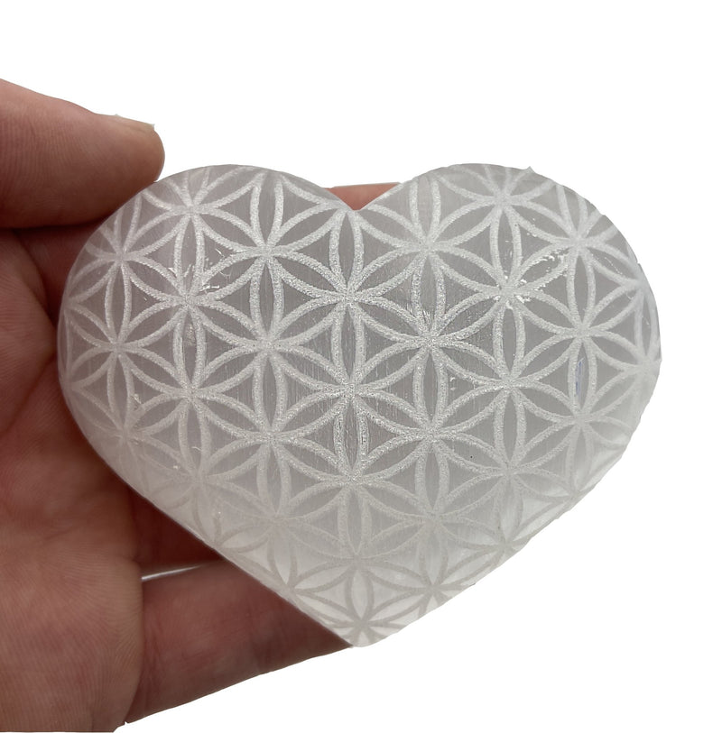 Selenite Heart Engraved Flower of Life Stone - East Meets West USA