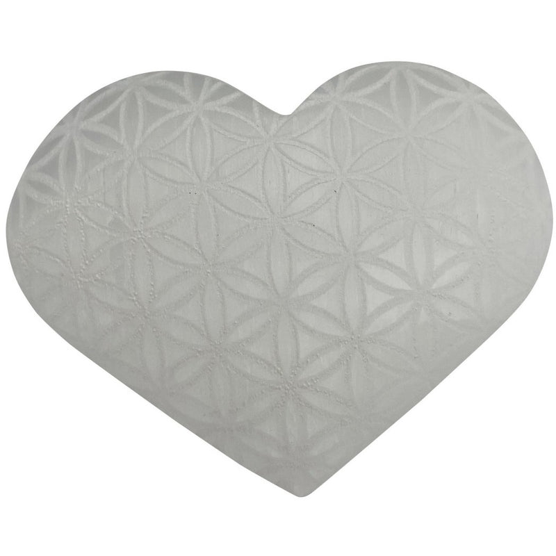 Selenite Heart Engraved Flower of Life Stone - East Meets West USA