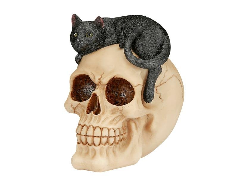 Skull w/ Back Cat Figurine - East Meets West USA