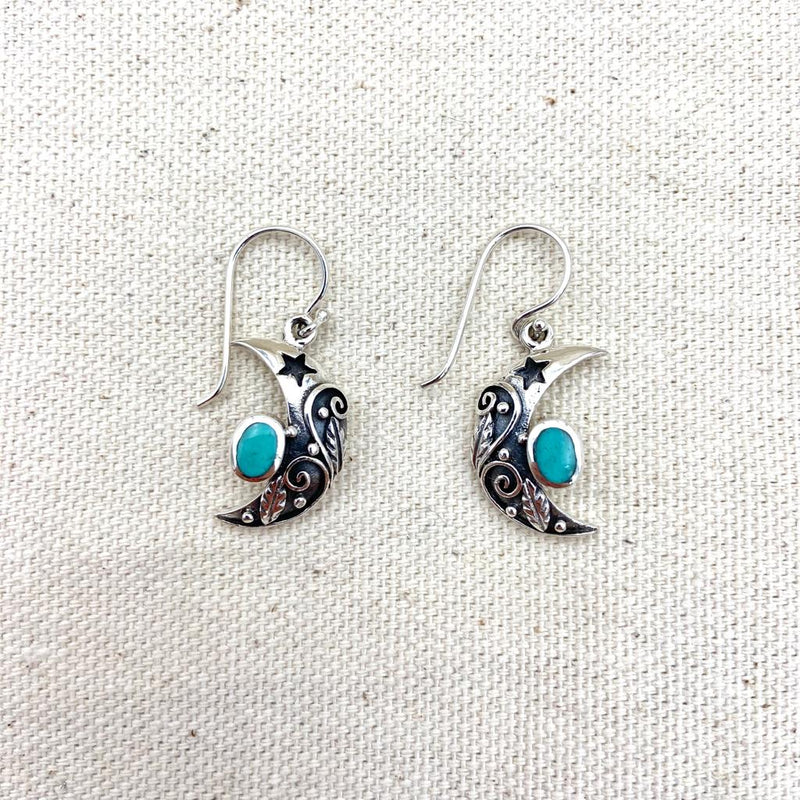 Sterling Silver Crescent Moon Earrings w/ Crystal Inlay - East Meets West USA