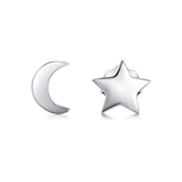 Sterling Silver Crescent Moon/Star Stud Earrings - East Meets West USA