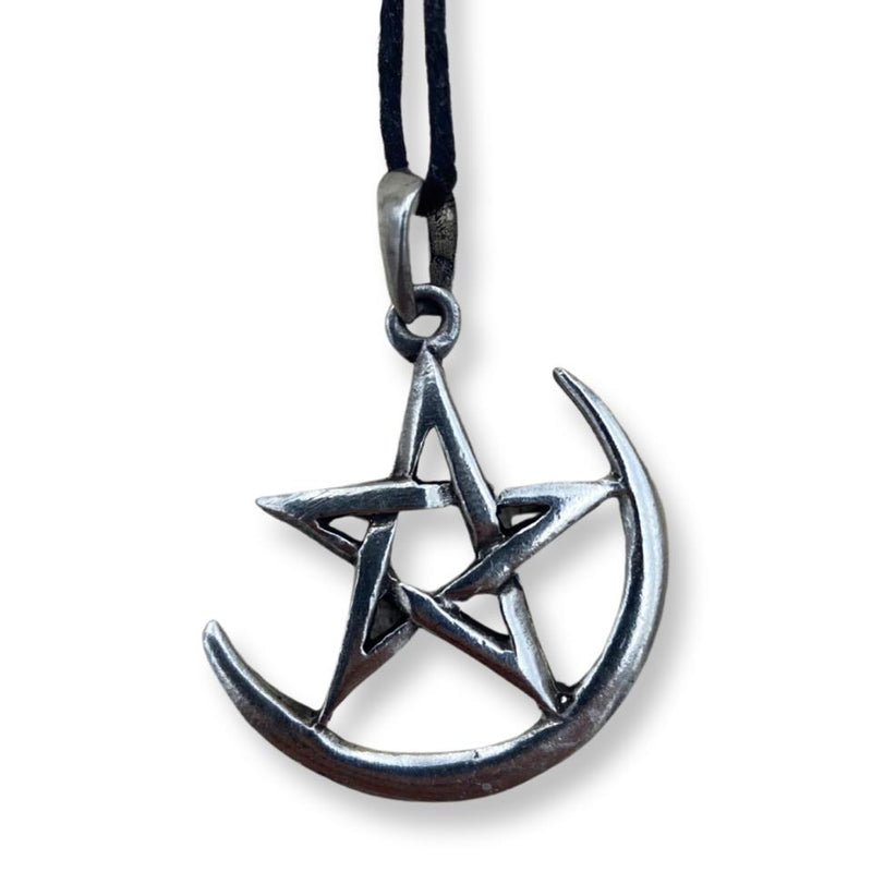 Wicca Crescent Moon Pentacle Pewter Necklace - East Meets West USA