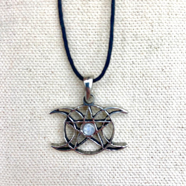 Wicca Triple Moon Pentacle Pewter Necklace - East Meets West USA